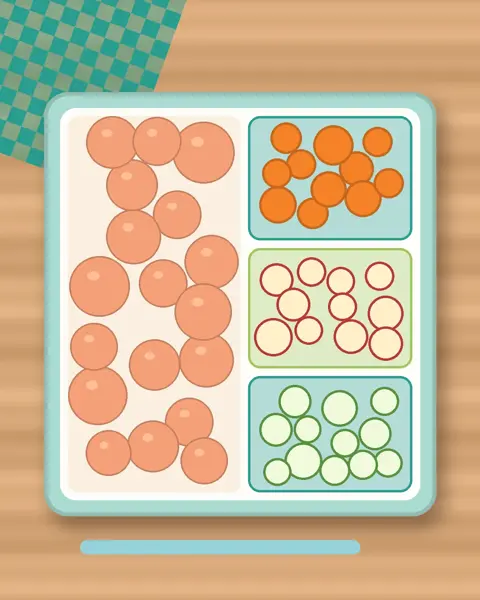 Illustration of Eomuk Bokkeum (Fish Cake Stir-Fry) in a colourful bento box