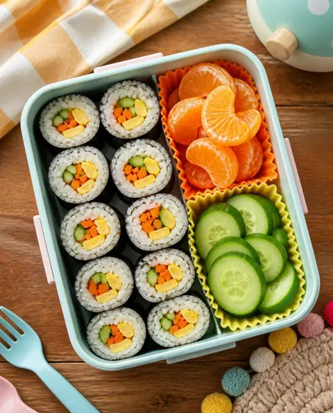 Overhead photo of Kid Gimbap Rolls packed in a colourful kids' lunchbox