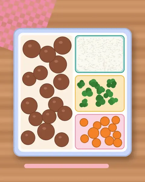Illustration of Mini Meatballs with Rice in a colourful bento box