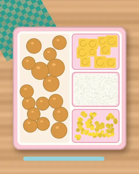 Illustration of Oyakodon (Chicken & Egg Rice Bowl) in a colourful bento box