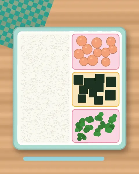 Illustration of Salmon Rice Furikake Balls in a colourful bento box